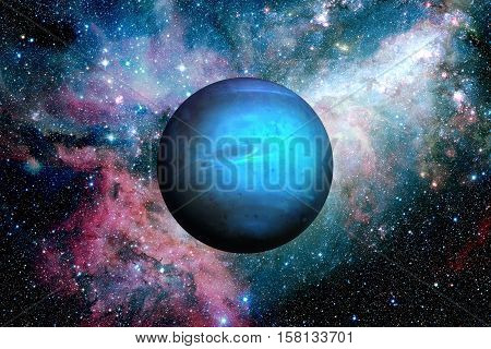 Solar System - Neptune. It is the eighth and farthest planet from the Sun in the Solar System. It is a giant planet. Neptune has 14 known satellites. Elements of this image furnished by NASA.