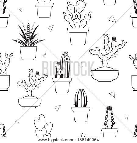 Hand drawn tropical cactus seamless vector pattern. Cactus linear style pattern, illustration of tropical cactus