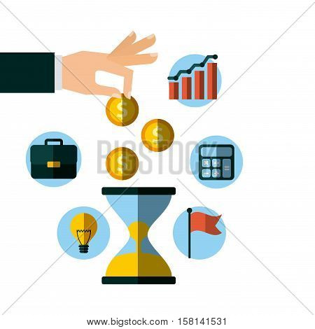 sandclock and human hand with  invest money and business icons around. colorful design. vector illustration