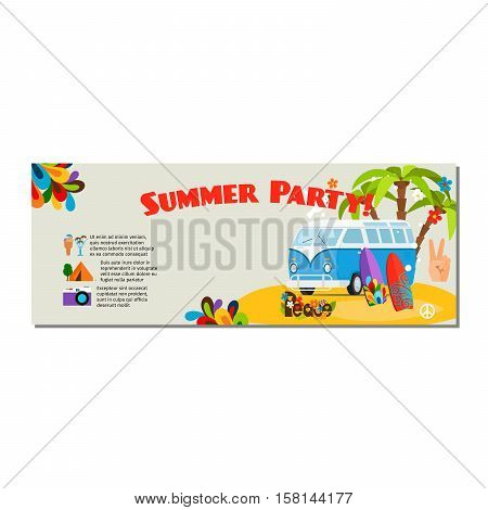 Summer party horizontal flyer with palm trees, blue bus and sufring boards. vector illustration