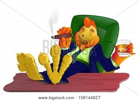 Red gold fat cock boss with cigar and whiskey put his feet on table. Rooster symbol 2017. Isolated on white vector cartoon illustration