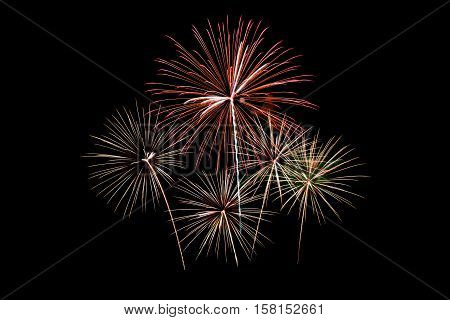 Colorful New Year Fireworks Over Dark Sky