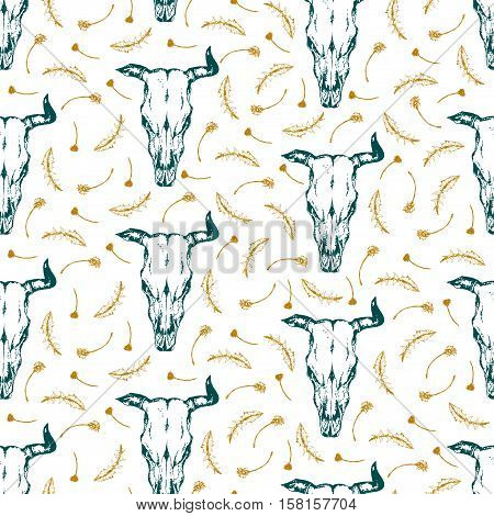Pattern with buffalo skull gray color, is located diagonally on a background of brown leaves, hand-drawn
