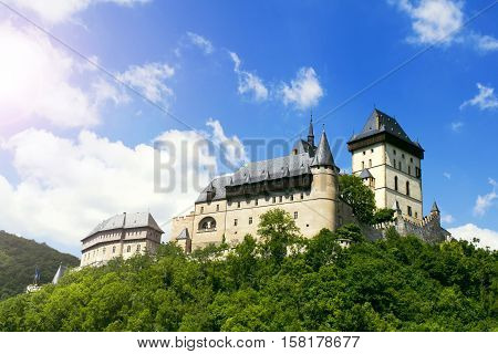 Karlstejn Castle, large Gothic castle founded 1348 CE by Charles IV, Holy Roman Emperor-elect and King of Bohemia. Czech Republic, Europe.