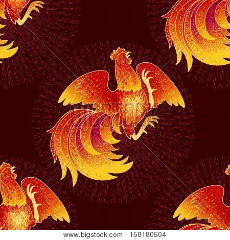 2017, the Year of the Fire Rooster in Chinese Horoscope. Red and gold colors, symbol of new year. Fire element. Hand drawn sketchy cartoon tileable background, vector seamless pattern