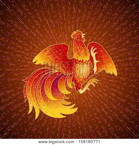 2017, the Year of the Fire Rooster in Chinese Horoscope. Red and gold colors, symbol of new year. Fire element. Hand drawn sketchy cartoon clip-art, vector illustration