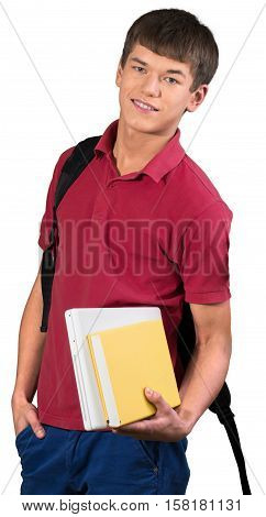 Teen male preppy holding laptop and school book