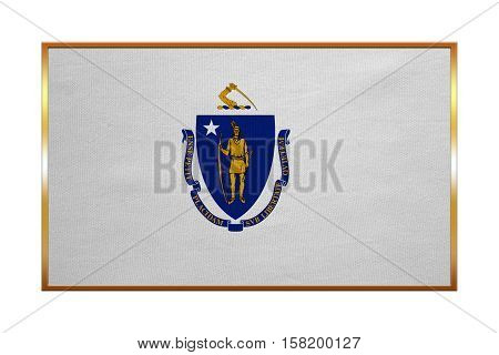 Flag of the US state of Massachusetts. American patriotic element. USA banner. United States of America symbol. Massachusettsan official flag golden frame textured illustration. Accurate size colors