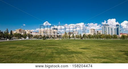 Beautiful landscape of Baku city from New city park in suny day. Azerbeijan. 