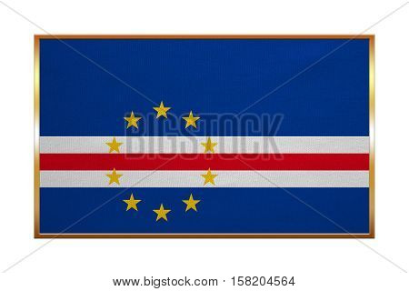 Cape Verdean national official flag. African patriotic symbol banner element background. Correct colors. Flag of Cape Verde with golden frame fabric texture illustration. Accurate size color