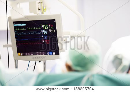 heart monitor during surgery with indications of vital body functions