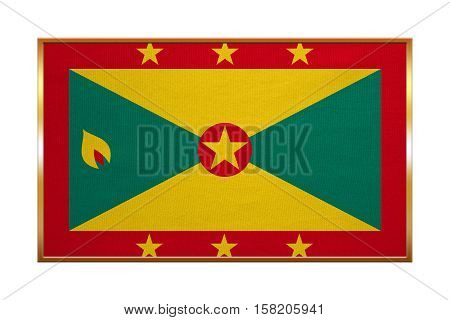 Grenadian national official flag. Patriotic symbol banner element background. Correct colors. Flag of Grenada with golden frame fabric texture illustration. Accurate size color