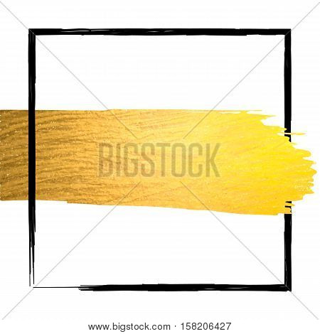Golden paint stroke with black border frame and place for text. Hand made abstract gold glitter texture for stylist artist or beauty salon. Vector EPS10 illustration.