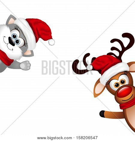 Funny cat and Reindeer on white background.