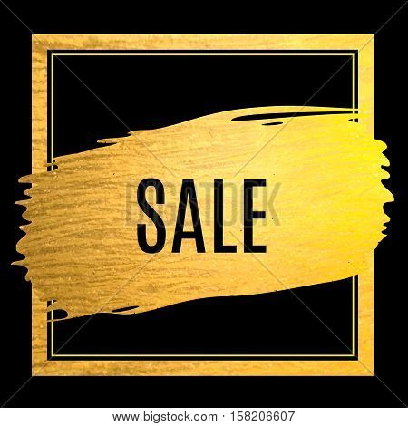 Golden paint stroke with golden border frame on black background. Art deco style. Text invitation. Hand made abstract gold glitter texture for event. Vector EPS10 illustration.