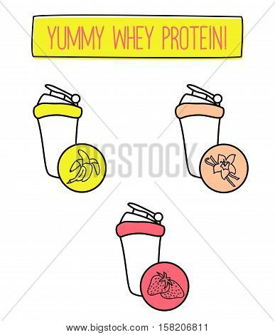 Protein whey shakes doodles for fitness trainings and diet. Isolated set of tasty sport nutrition. Vector EPS10 hand drawn illustration.
