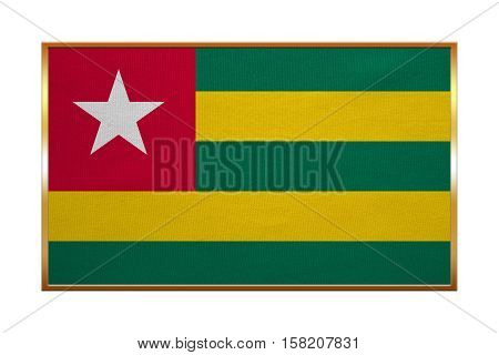 Togolese national official flag. African patriotic symbol banner element background. Correct colors. Flag of Togo with golden frame fabric texture illustration. Accurate size color
