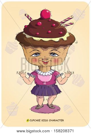 Funny illustration of a hand drawn cartoon character kid stylized sweet cupcake. Emotional states sonfectionery caramel and bakery food