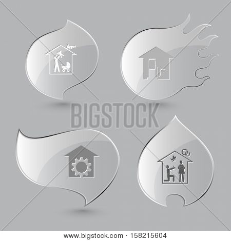 4 images: family home, car fueling, repair shop,  affiance. Home set. Glass buttons on gray background. Fire theme. Vector icons.