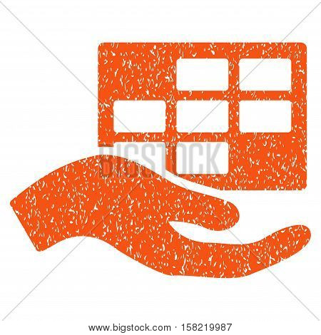 Service Schedule Hand grainy textured icon for overlay watermark stamps. Flat symbol with dirty texture. Dotted vector orange ink rubber seal stamp with grunge design on a white background.