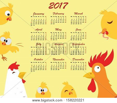 Stock Photo - cock, hen and chicks, symbol - 2017 calendar year. Vector illustration.