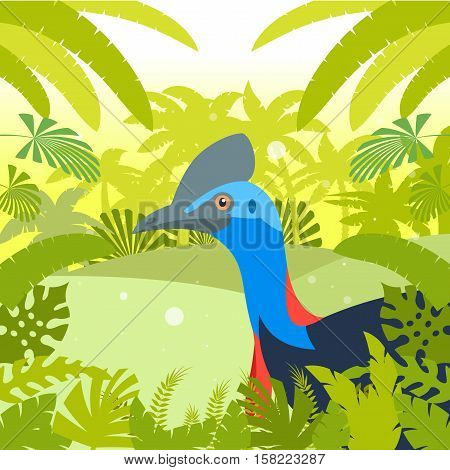 Flat Vector image of the Cassowary on the Jungle Background