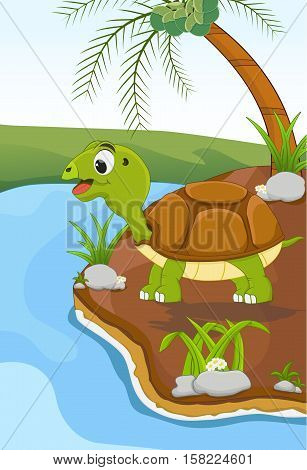 cartoon green turtle standing near tree and river