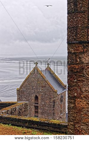 Inside Abbey Mont Saint Michel of Normandy region at Manche department in France.