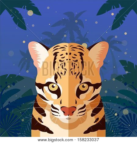 Flat Vector image of the Ocelot on the Jungle Background