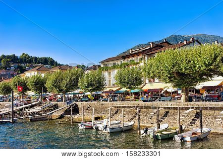 Boats At Embankment In Ascona Resort At Ticino Switzerland