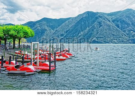 Catamarans At Promenade In Lugano In Ticino In Switzerland