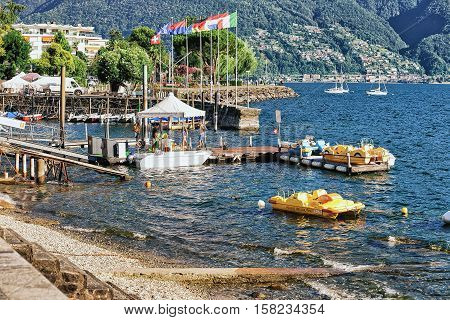 Catamarans At Waterfront In Ascona In Ticino Switzerland