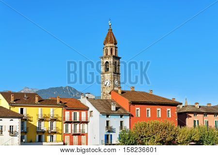 Church Tower And Colorful Architecture In Ascona Ticino Swiss