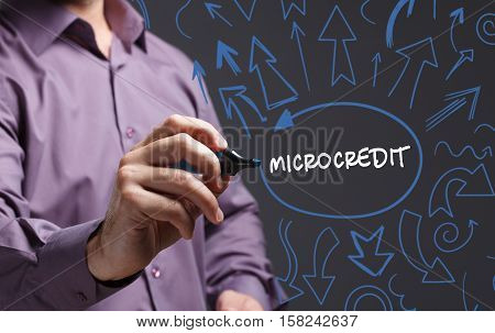 Technology, Internet, Business And Marketing. Young Business Man Writing Word: Microcredit