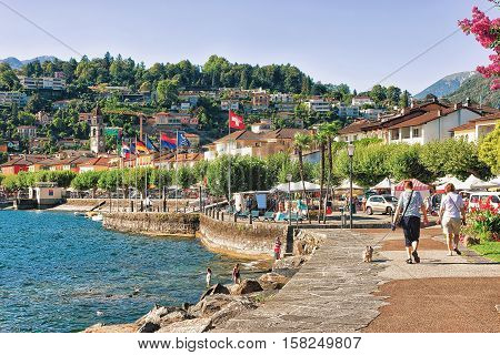 People Passing At Promenade In Ascona In Ticino In Switzerland