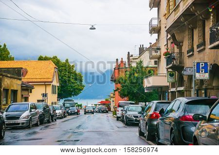 Street In City Center In Vevey Of Vaud In Switzerland