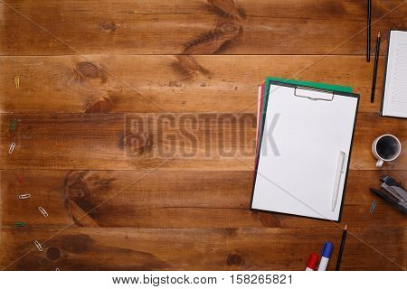 Post blog social media. View from above with copy space. Background for banner template layout mockup.Brown wooden office table, top view on workplace.
