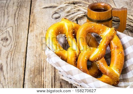 Breadbasket with traditional homemade Bavarian pretzels. Studio Photo