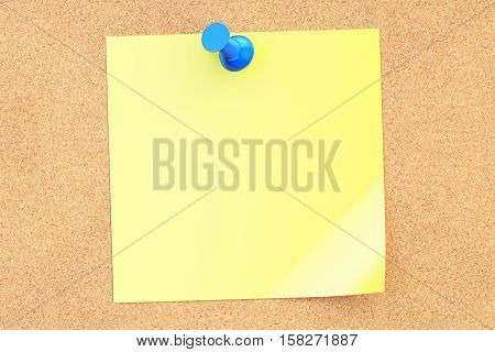 blue push pin with blank yellow sticky note on corkboard 3D rendering