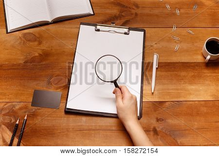 Post blog social media. View from above with copy space. Background for banner template layout mockup.Brown wooden office table, top view on workplace.
