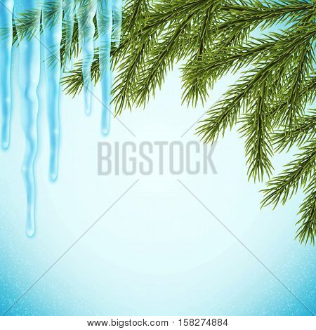 Realistic christmas background with fir tree and icicles , vector illustration