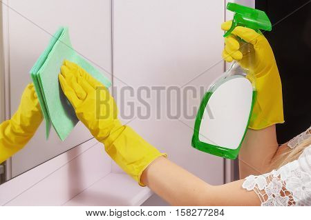 Female Hands Cleaning Mirror With Green Cloth. Spring Clean Up