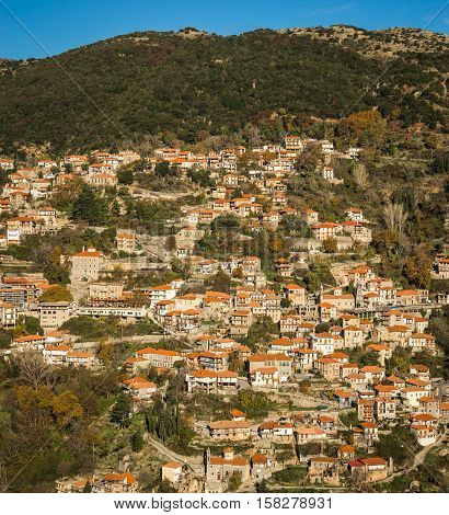 Scenic Mountain Autumn Landscape With  Village Langadia, Peloponnese, Greece