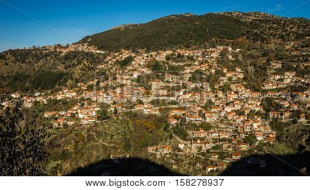 Scenic Mountain Autumn Landscape With  Village Langadia, Peloponnese, Greece