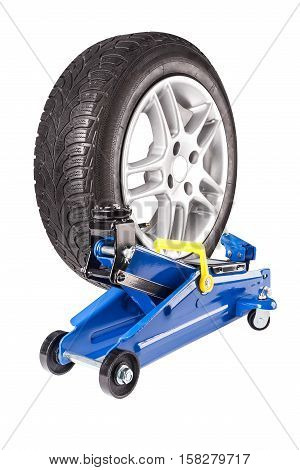 Front view Blue car Floor Jack with whell isolated on white background.