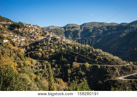 Scenic Mountain Autumn Landscape With  Village Langadia, Peloponnese, Greece