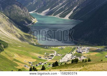 Aerial View Of Livigno Lake In Alps Mountains, Lombardy, Italy