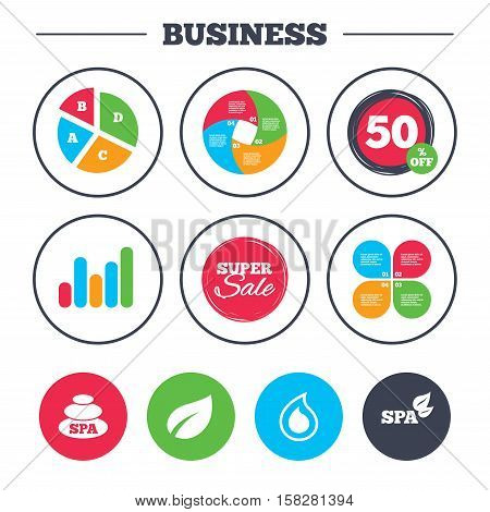 Business pie chart. Growth graph. Spa stones icons. Water drop with leaf symbols. Natural tear sign. Super sale and discount buttons. Vector