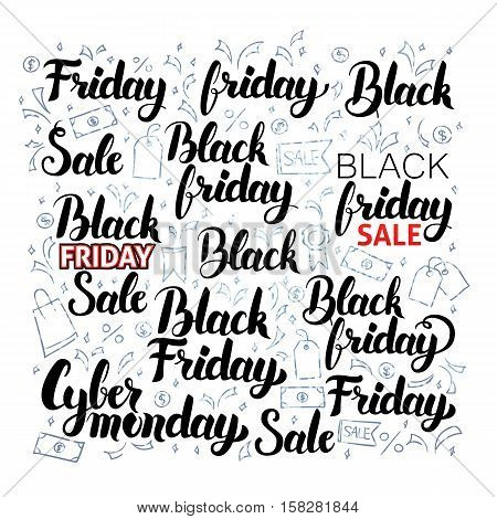 Black Friday Lettering with Doodles. Vector Illustration of Shopping Sale Calligraphy over White with Silver Doodles.