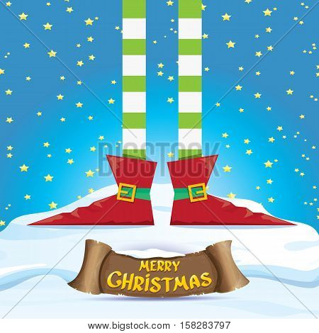 vector creative merry christmas greeting card with cartoon elfs legs on snowy north pole with christmas lights and greeting christmas calligraphic text on old vintage paper banner ribbon.
